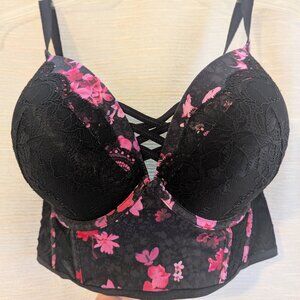 Torrid Curve Floral Pink & Black Longline Bra - Size 40DD